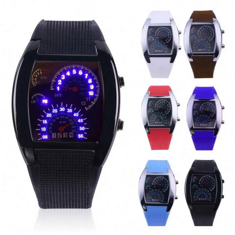 LED Display Men Sports RPM Turbo Flash  Wristwatch Car Speed Meter Dial Binary Matrix Digital Electronic Watches