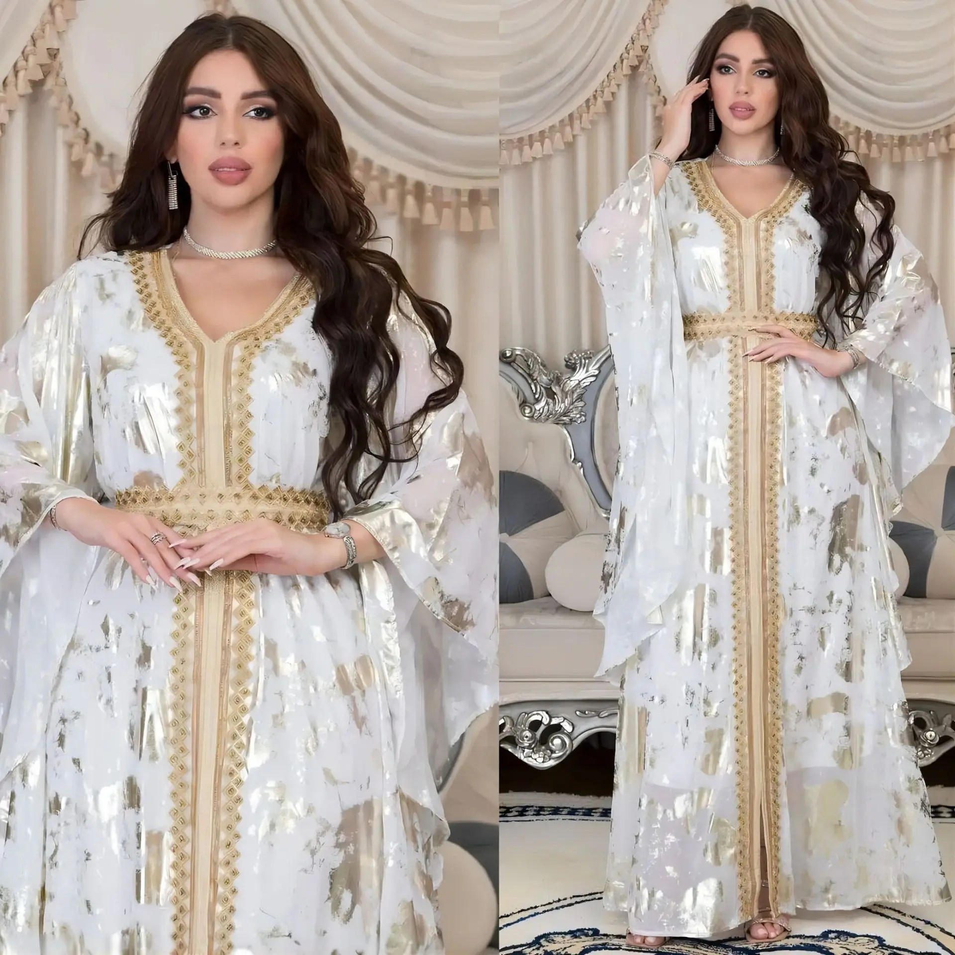 Custom Ramadan Abaya Dubai Kaftan Muslim Dress Chiffon Bronzing Robe Kaftan Woman Evening Dress with belt