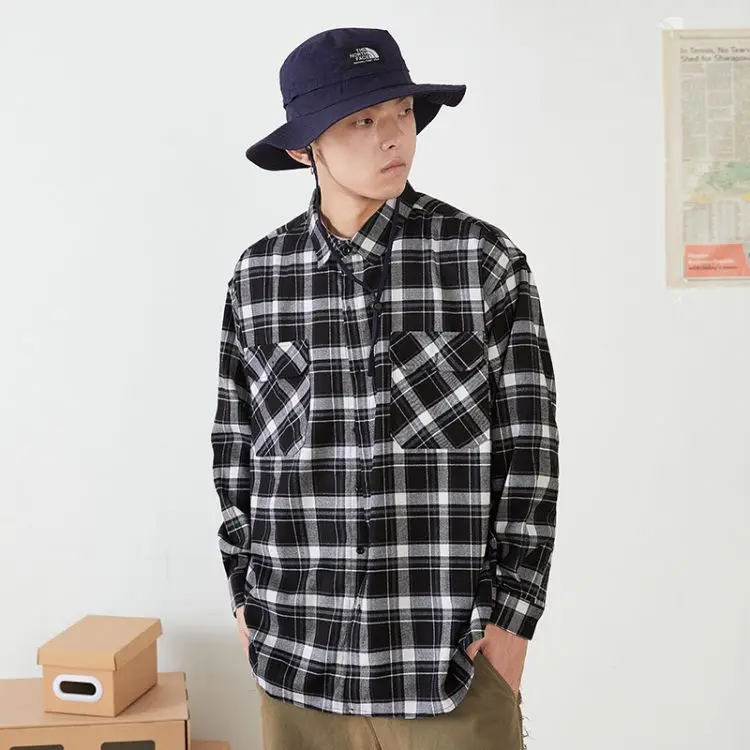 Korean Handsome Boy Casual Utility Plaid Long Sleeve Flannel Check Office Shirts For Mens
