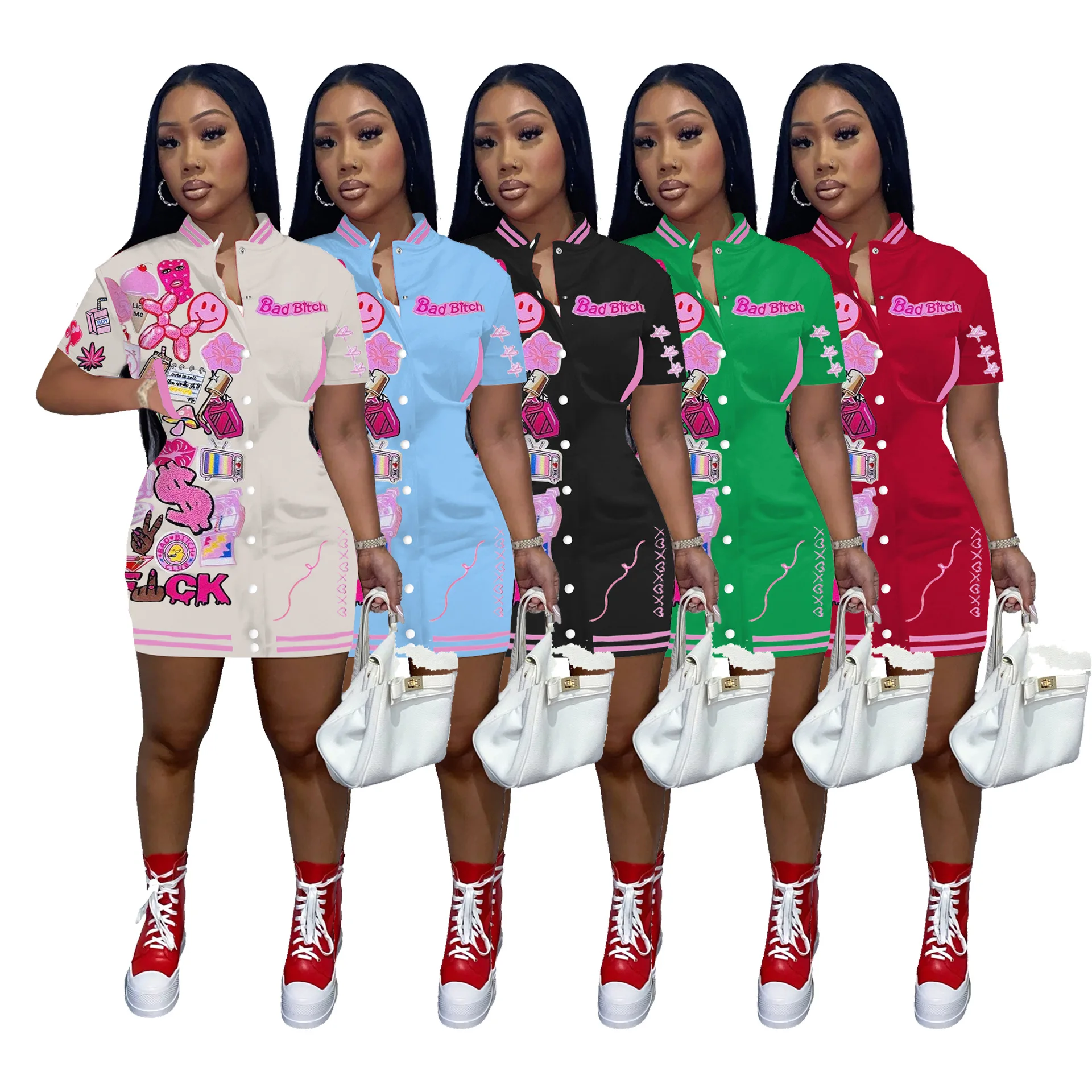 W8384 Fashion Opening Ceremony Clothing Button Pockets Short Sleeve Women Baseball Letterman Jacket Blank T Shirt Dress