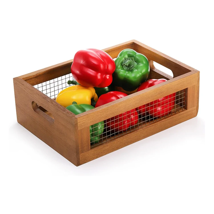 Set of 2 Decorative Wooden Crates Rustic Countertop Nesting Basket with Handle Antique Small Storage Containers