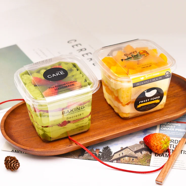 Take away square disposable cheese fruit cup cake packaging transparent RPET/PET blister plastic cake box