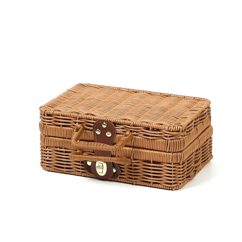 Running Picnic Basket Plastic Rattan Suitcase Basket Wicker Storage Box with Handles Rattan Storage Box for Camping Outdoor