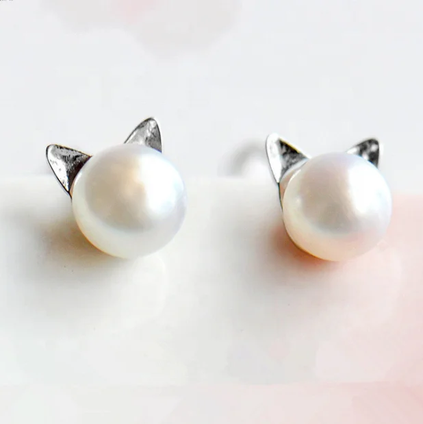 
Tiny Cute Animal Cat Ears Freshwater 7mm 8mm Pearl Stud 925 Sterling Silver Earrings 