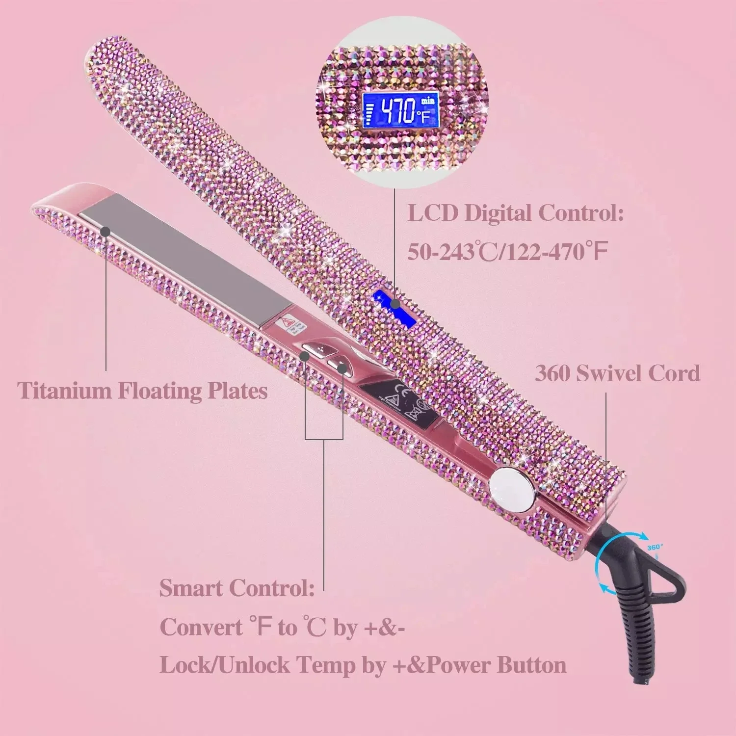 Modern Bling Diamond 470F Flat Iron Fast Heat LCD Titanium Hair Straightener