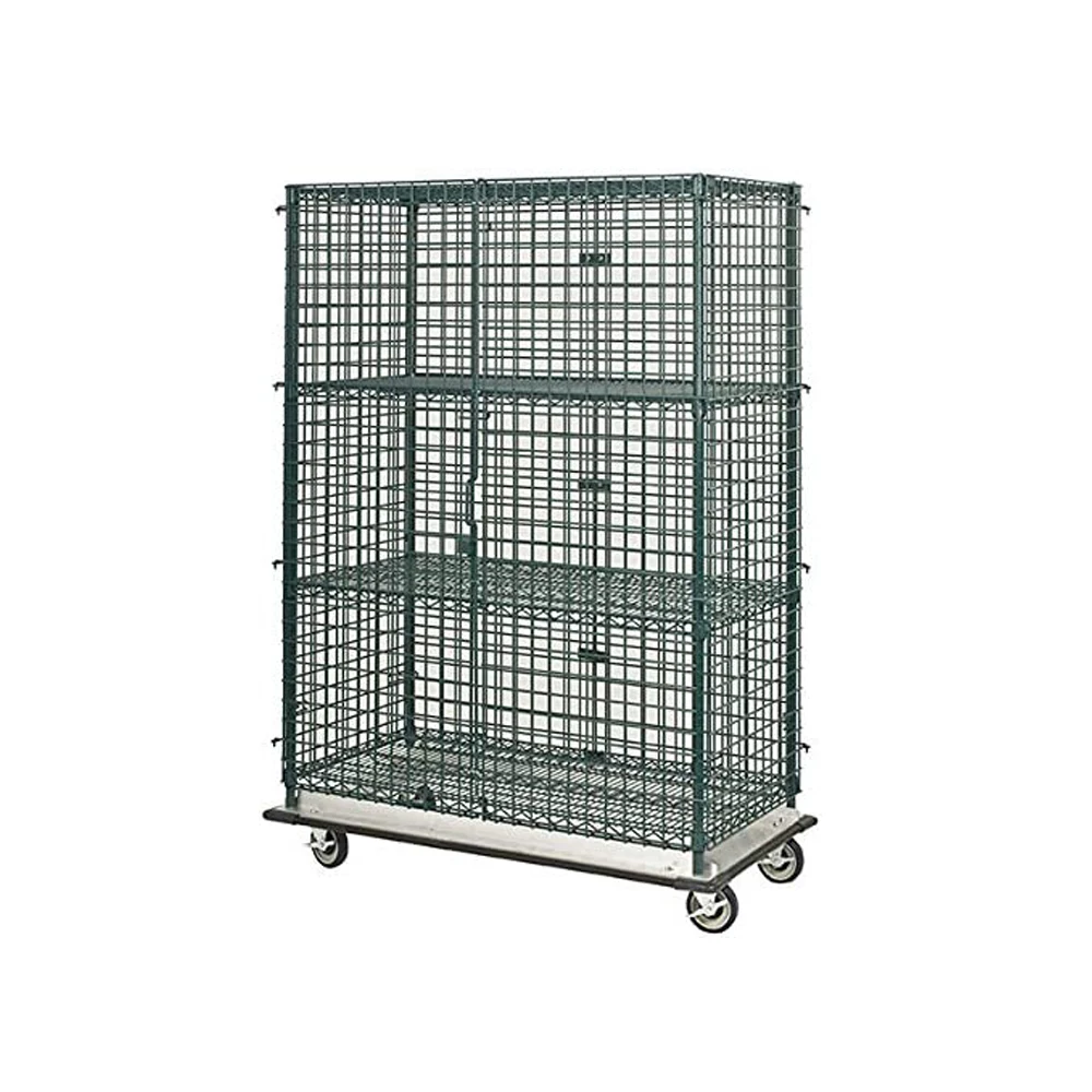 High Mobile Chrome Security Cage with 2 Interior Shelves Wire Shelving Starter Unit Industrial Cart Wire Cage