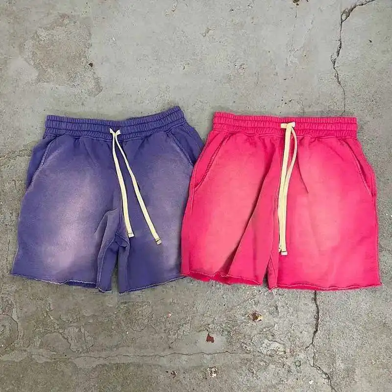 QYOURECLO Custom Logo Vintage Distressed Sun Faded Acid Washed Heavy Weight Thick Raw Edge Hem Cotton Men Sweat Shorts