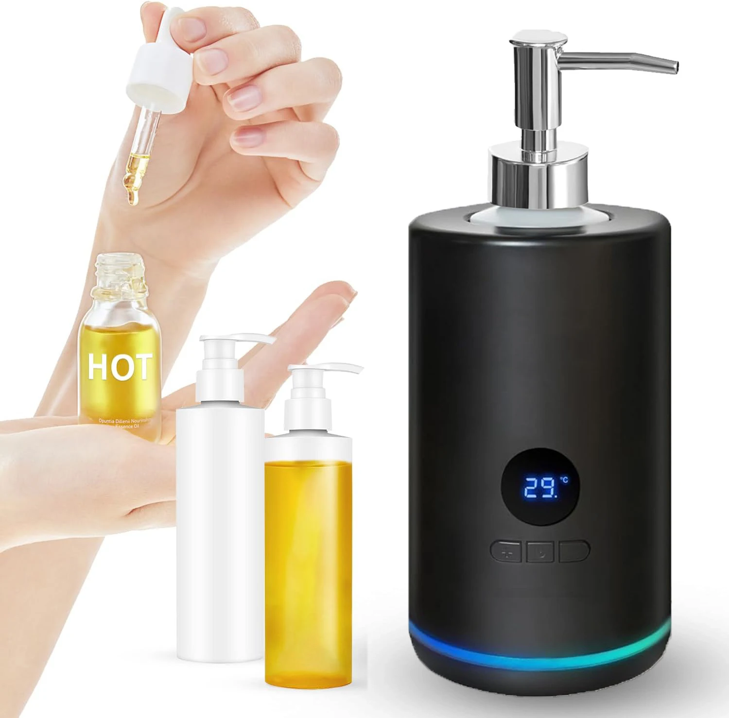 Adjustable Temperature Heating Oil Warmer for Massage Lotion Warmer Dispenser Body Oils Heater with Two Oil Bottle Dispenser