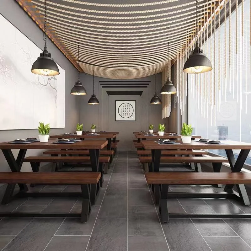 Ресторанная мебель, обеденный стол со скамейкой, металлическая ножка, стол из цельной древесины, быстрое производство