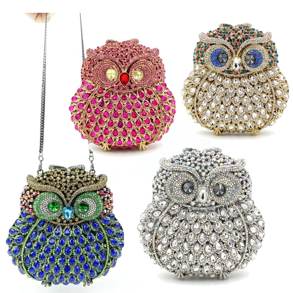 Expensive Crystal Shine Owl Rhinestone Handbags Bling Diamond Chain Bag Party Money Purse Luxury Clutch Bag