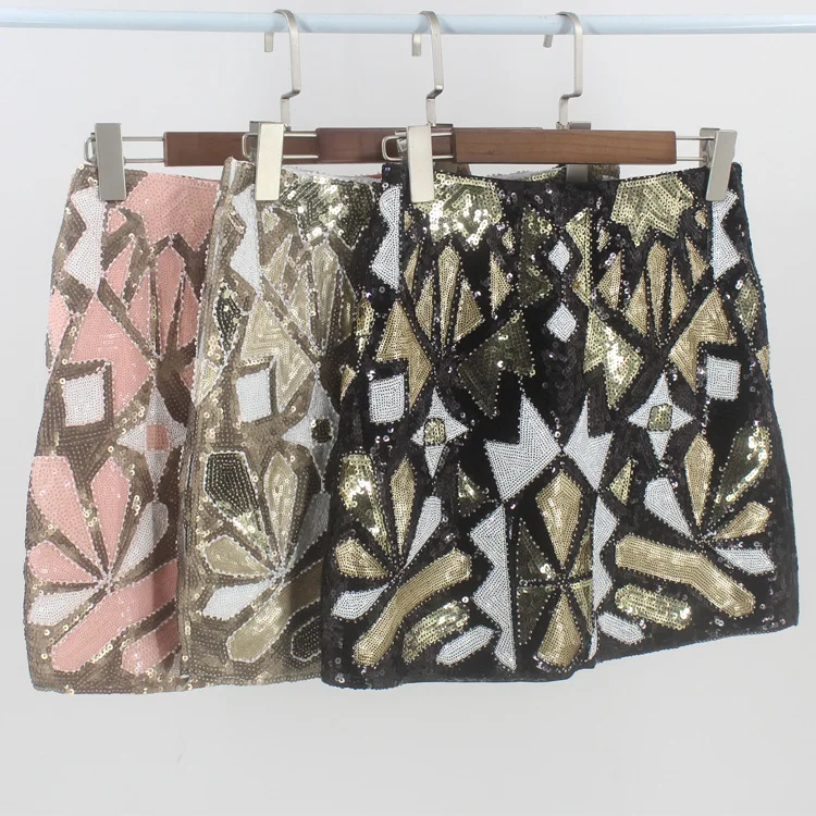 New Fashion Mini Skirt Geometric Pattern Sequins Wrap Hips Women Spangle Short Skirts And Leg Length Glitter Miniskirt