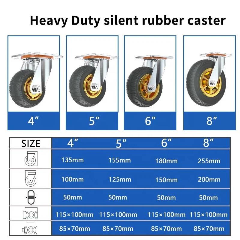 3 4 5 6 8 Inch Trolley 150 Mm Swivel Solid core Rubber Castor Wheel Bearing Capacity Heavy Duty Caster