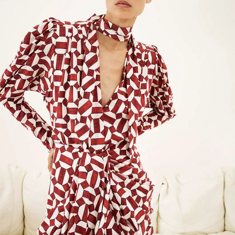 
A4293 2020 Casual Red V Neck Pattern Long Sleeve Women Shirt Dress 