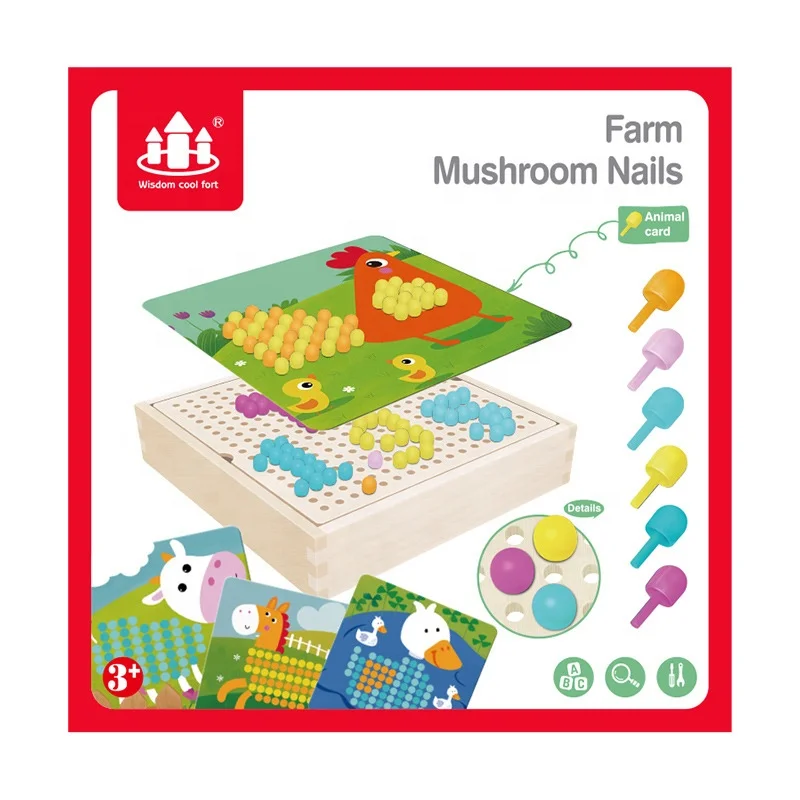 Kid Wooden Storage Box DIY Mosaic Peg Board Jigsaw Early Learning Toy Games 3D Mushroom Puzzles Set Nail Intelligent Puzzle Aids