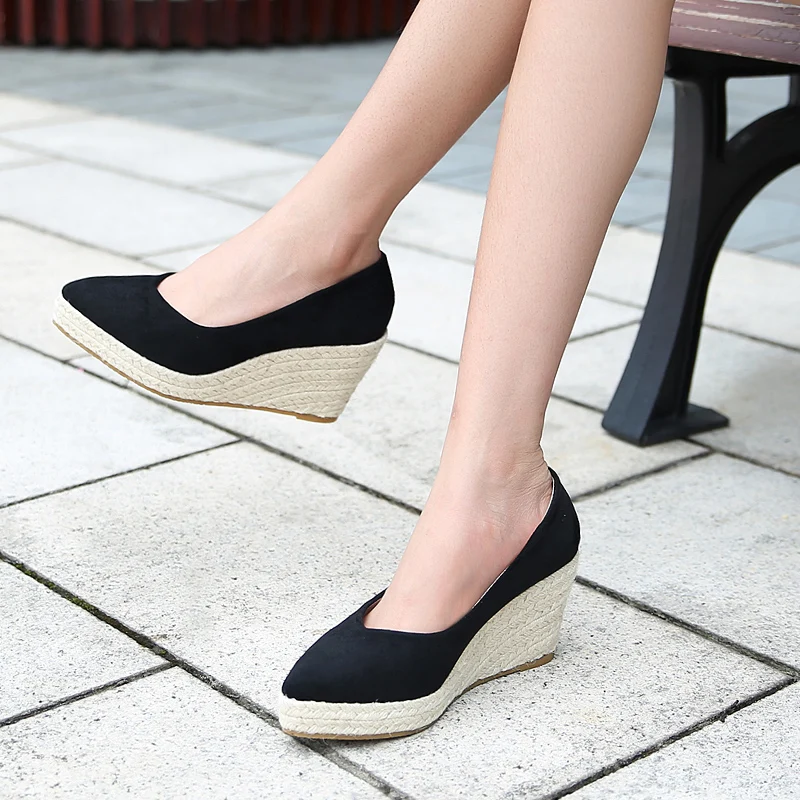 Hot sales pointy toe shoes ladies wedges jute ropes slip on shoes women casual shoes
