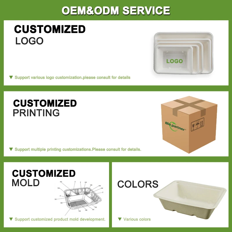 OEM Logo Full Size Disposable Snack Fast Food Box Tray Sugarcane Bagasse Container Waffle Hotdog Take out Snack Tray