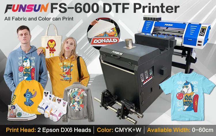 Funsun FS-600 New Offset Printing Transfer Technology 60cm DTF PET Film Printer DTF Printer Machine with 2 Pcs DX6 Heads