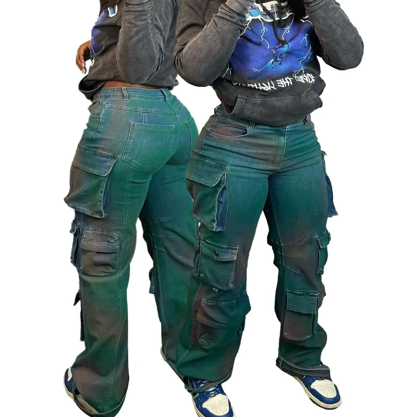 High Quality Ladies Street Wear Fashion Green Cargo Pants Women Washed Tie Dye Denim High Rise Pockets Vintage Jeans Trousers