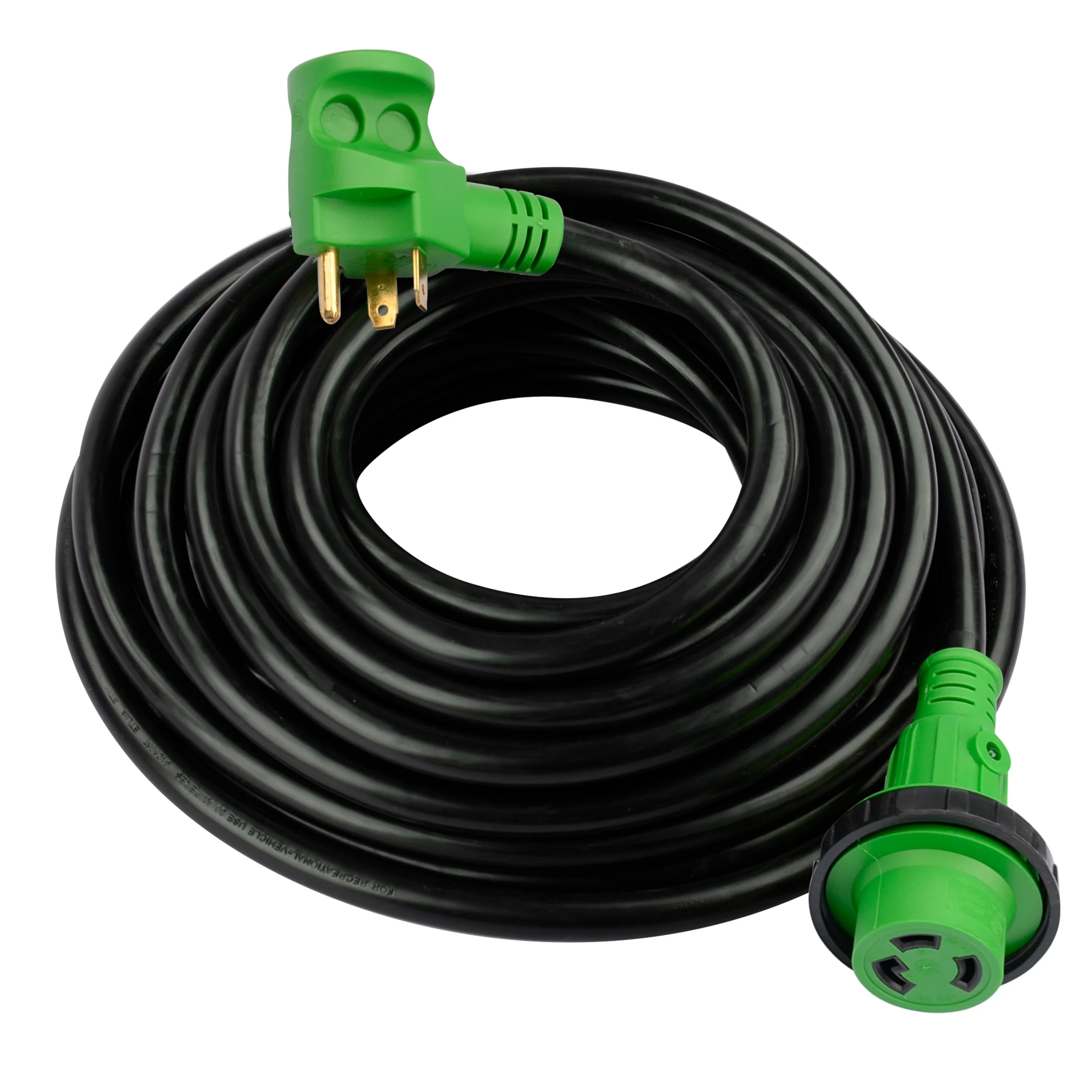 J523 30 Amp 50 Feet RV Power Extension Cord Heavy Duty STW Wire with LED Light NEMA TT-30P to L5-30R Locking Connector Green