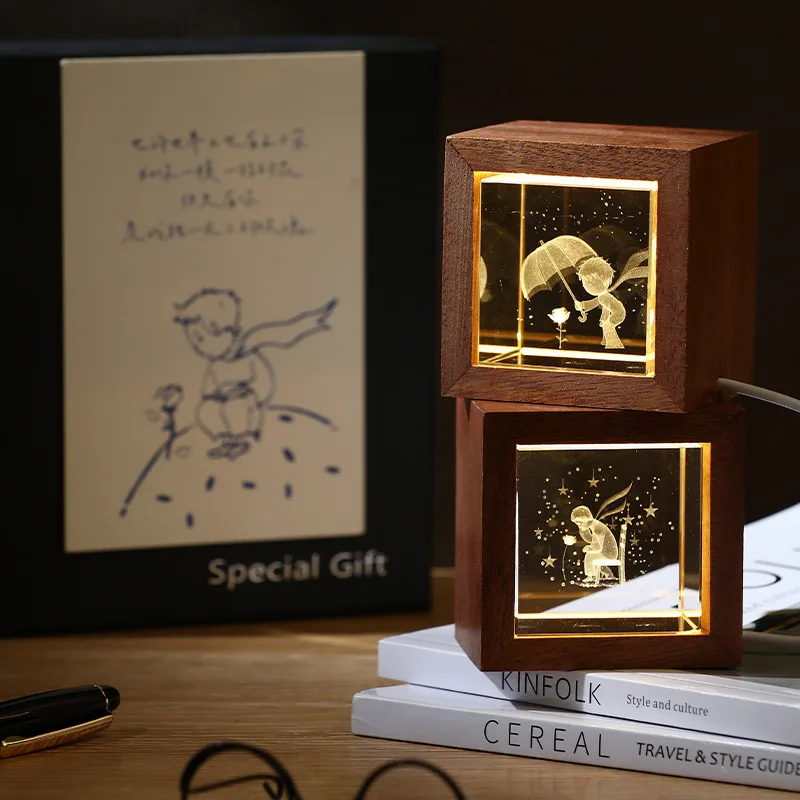 With Wooden Frame Crystal 3d Laser Engraved Solar System Planet Moon Glass Ball Cube Night Light Souvenir