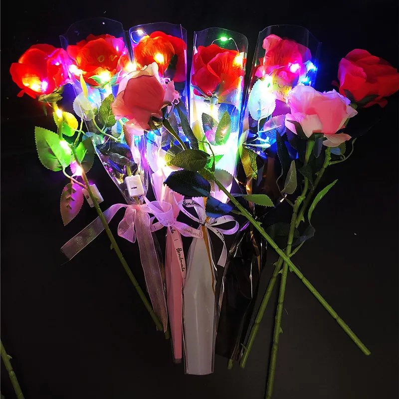 Romantic LED Luminous Glowing Rose for Valentines Day Gift Shining Colorful Lights Flowers for Party Proposal Decorations