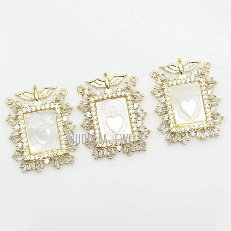 PM43443 Bird Eagle Sacred Catholic Heart Amulet Spiritual Religious Pendant Gold Plated Carved Mother of Pearl Jewelry Charm