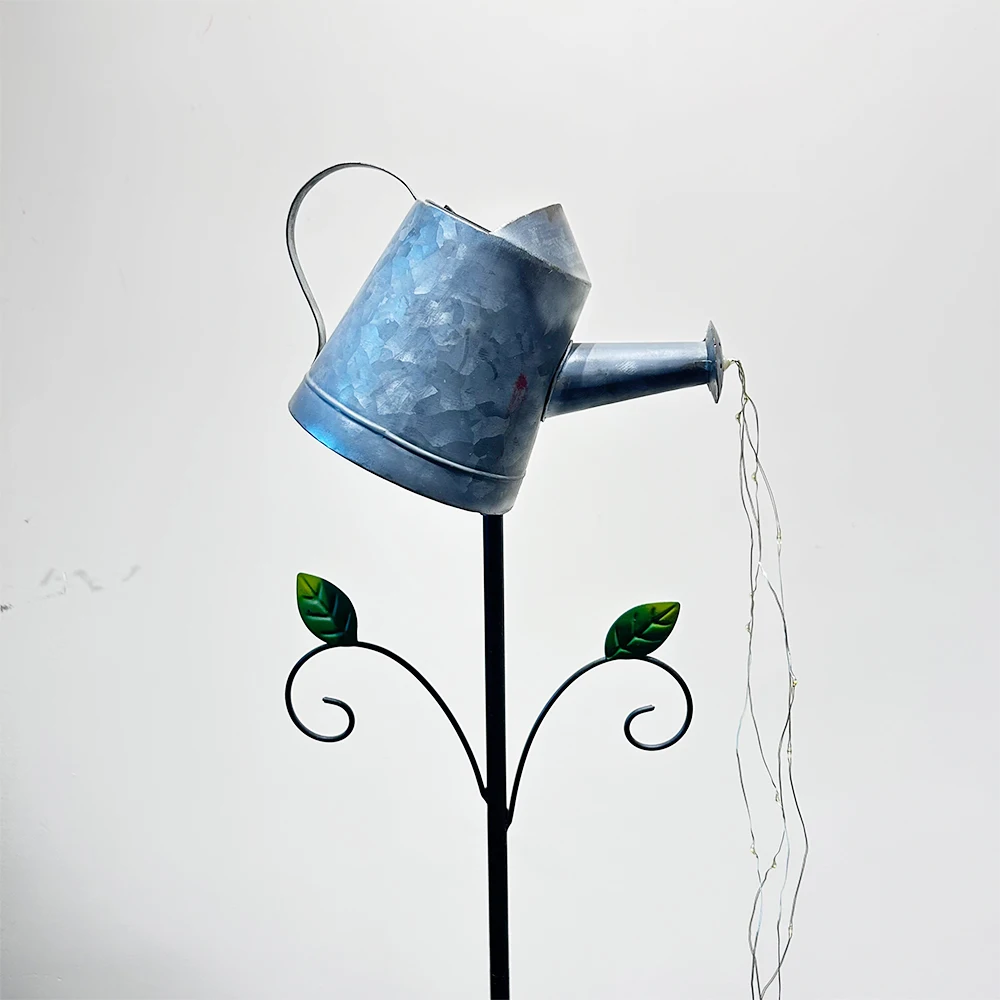 Outdoor Garden Metal Blue Kettle Stake with Micro Chain LED Solar Lights Watering Can Decoration Ornament
