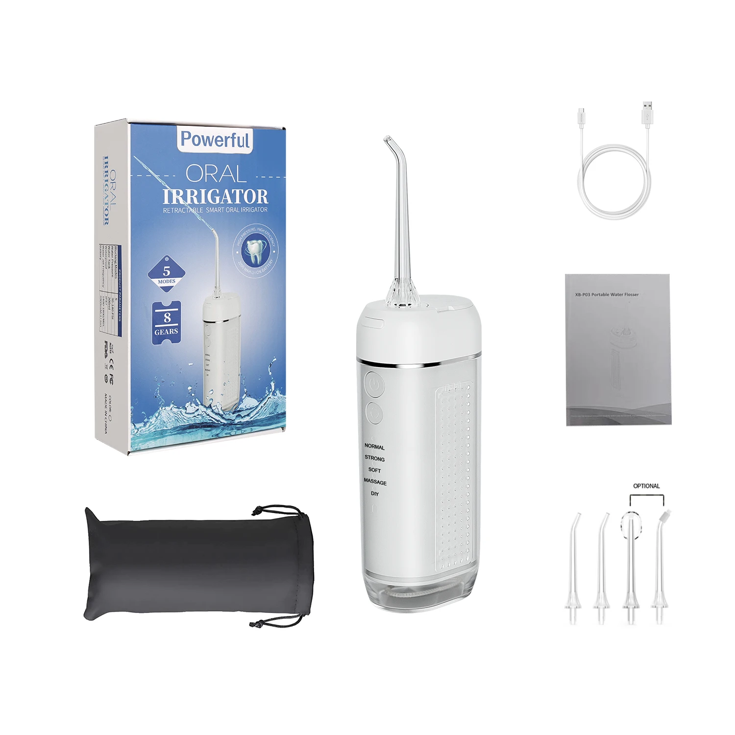 Оральный мини-ирригатор для ухода за полостью рта 4 головки перезаряжаемый 5 режимов