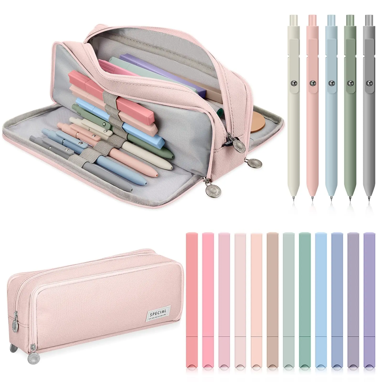 Aesthetic School Supplies Including Big Capacity Pen Case Bag with Zipper Chisel Tip Aesthetic Cute Highlighters