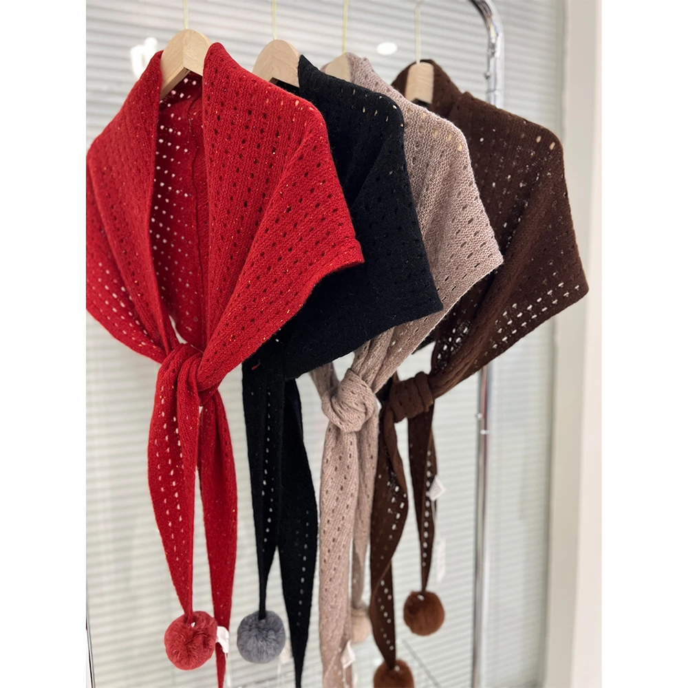 New Arrival Pure Wool Knit Jacquard Shawl Cape With Fur Pompom Triangle Scarf Shoulder Neck Warm Shawl