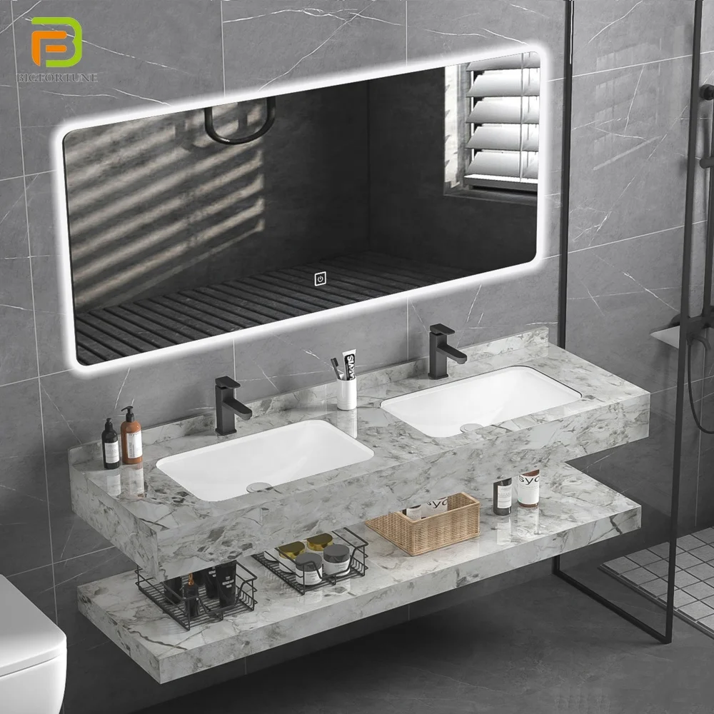 Customized double integrated sink bathroom vanity cabinet set with marble counter top basin