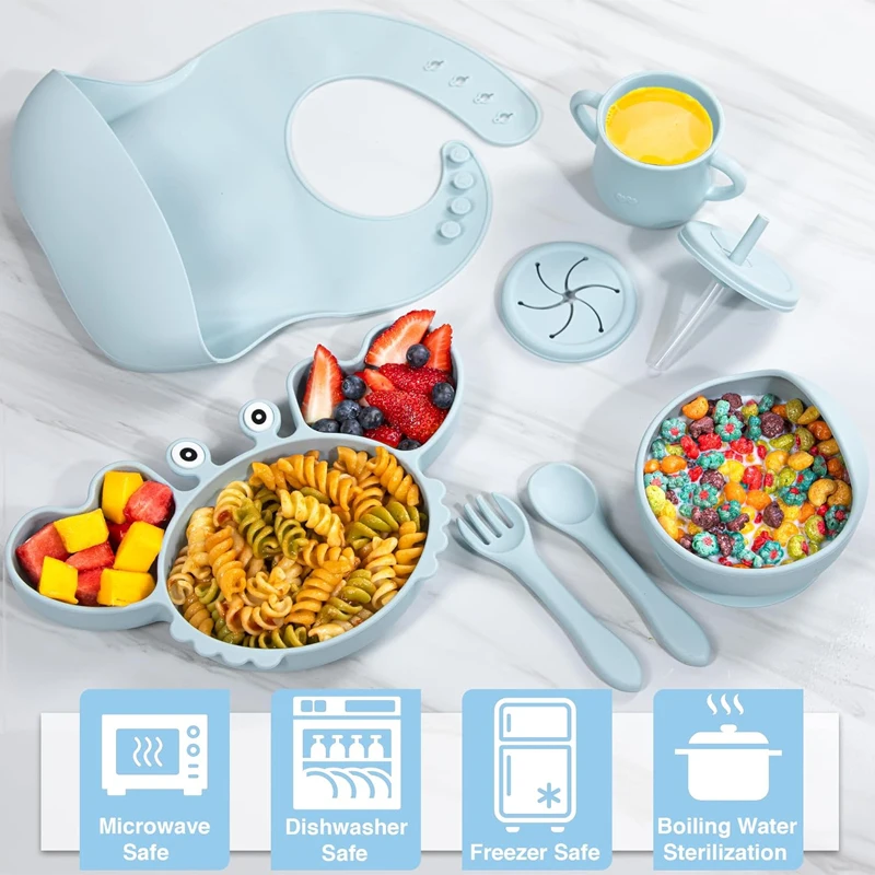 Wholesale Kids Silicone Feeding Set 6-Piece Food Grade Baby Tableware Set with Cartoon Style Forks Spoons Plates Suction Lid