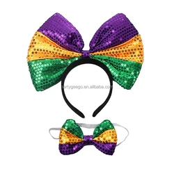 Women Mardi Gras Festival Costumes Headwear Glitter Sequin  Bowknot Headband And  Bow Tie Accessories Parade Party Celebration