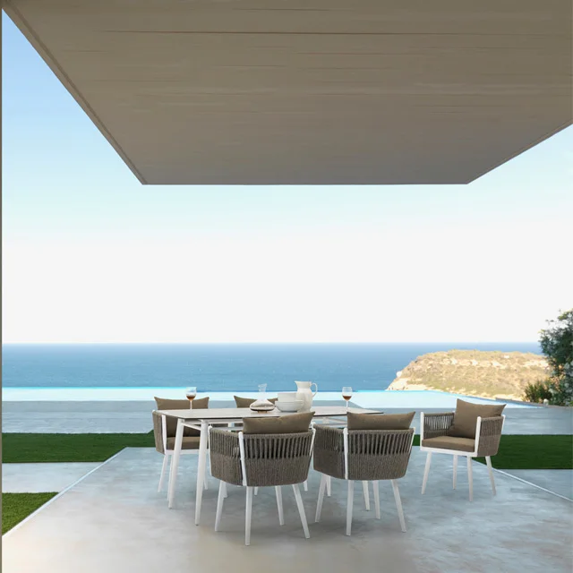 Новый стильный уличный веревочный тканый алюминиевый обеденный набор HPL Настольный Топ