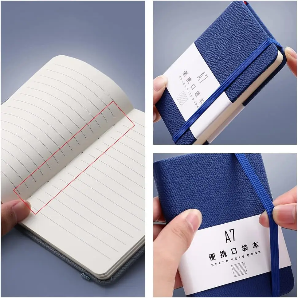 Pocket Mini A7 Notebook, 3.9 x 2.7 Inch, Hard Cover with 200 Pages, Leather Diary with Bookmark & Elastic Closure