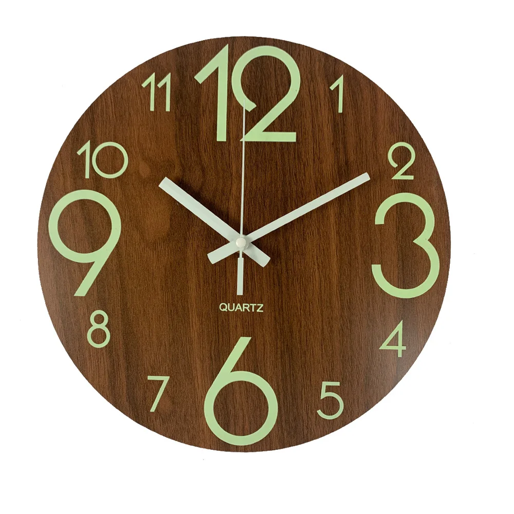 EMAF Custom DIY 12 inch fluorescence night light wall clock decorative wooden luminous wall clock silent movement wall clock