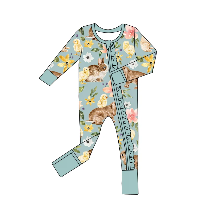 Hot Sale Cheap Factory Price Kids Clothing Bamboo Fabric Ruffled Concealed Zipper Long Romper Soft Baby Winter Pajamas