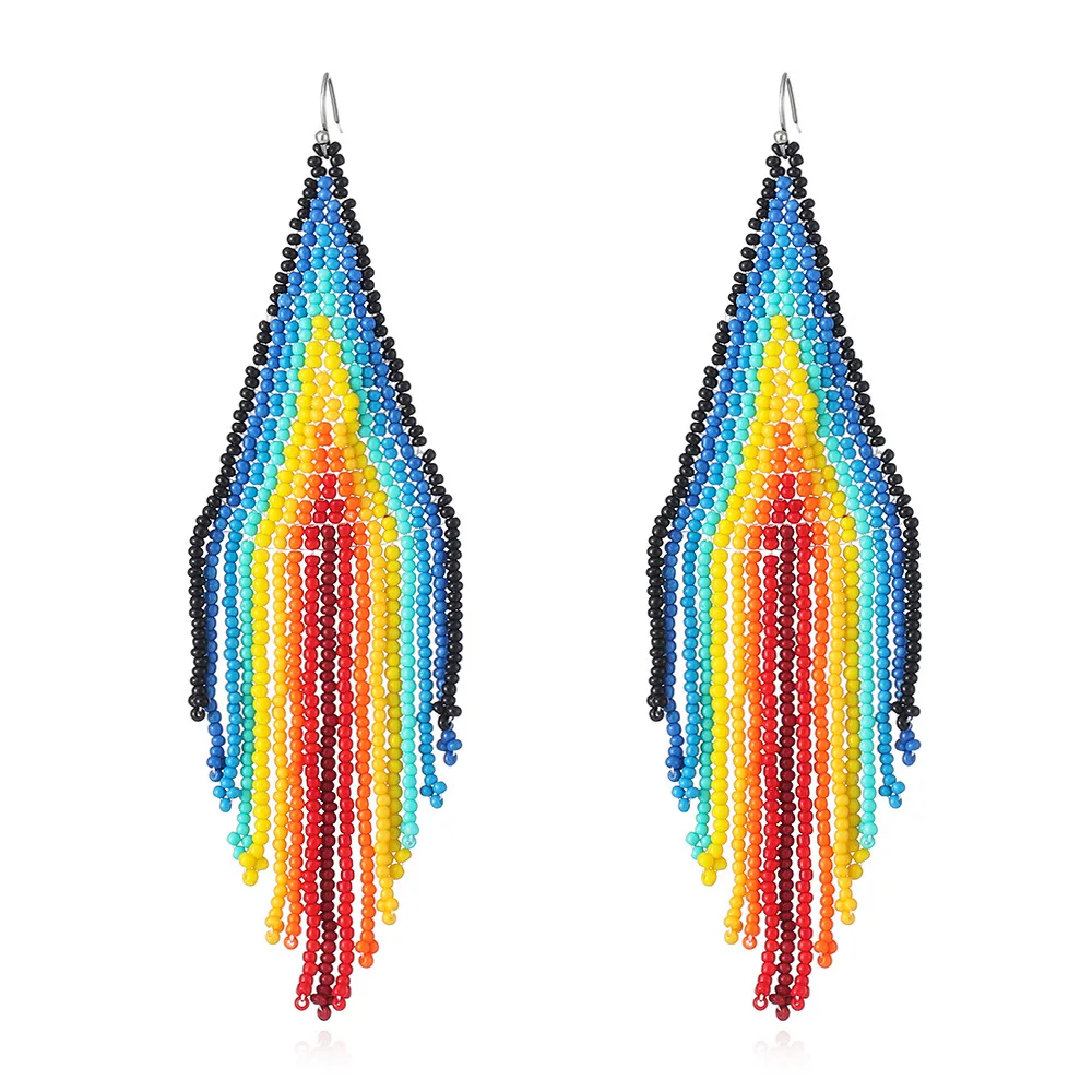 Woven Macrame Rainbow Big Seed Beaded Earring Glass Beads Tassel Earrings Bohemian Fringed Seed Beaded Earrings For Women