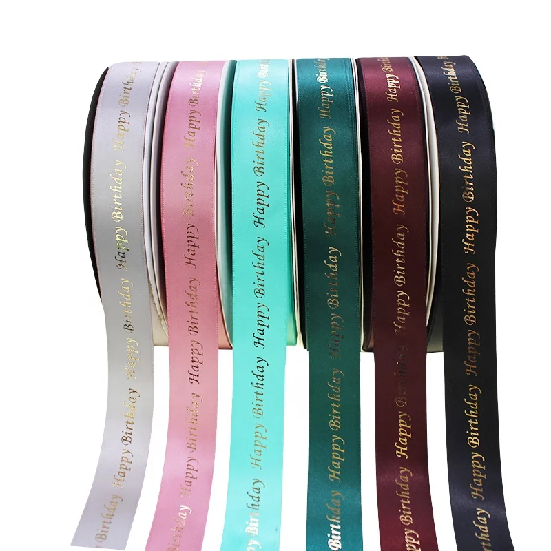 wholesale 25mm custom gold foil logo printed single face satin ribbon for gift packing