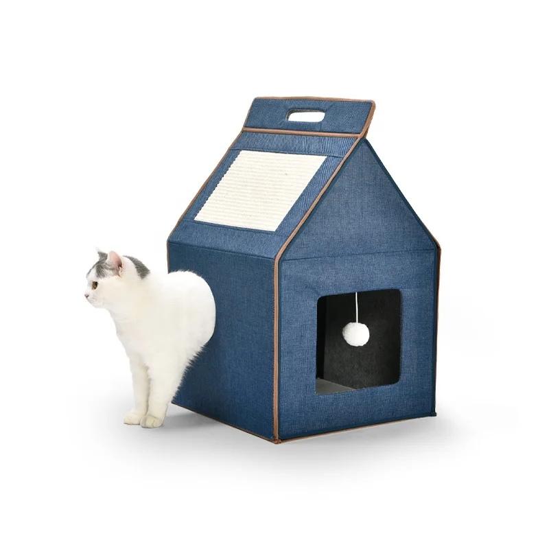 New Design House Shaped Pet Foldable Cat House Save Spacing Sisal Board Cat Cave Bed House with Cat Ball