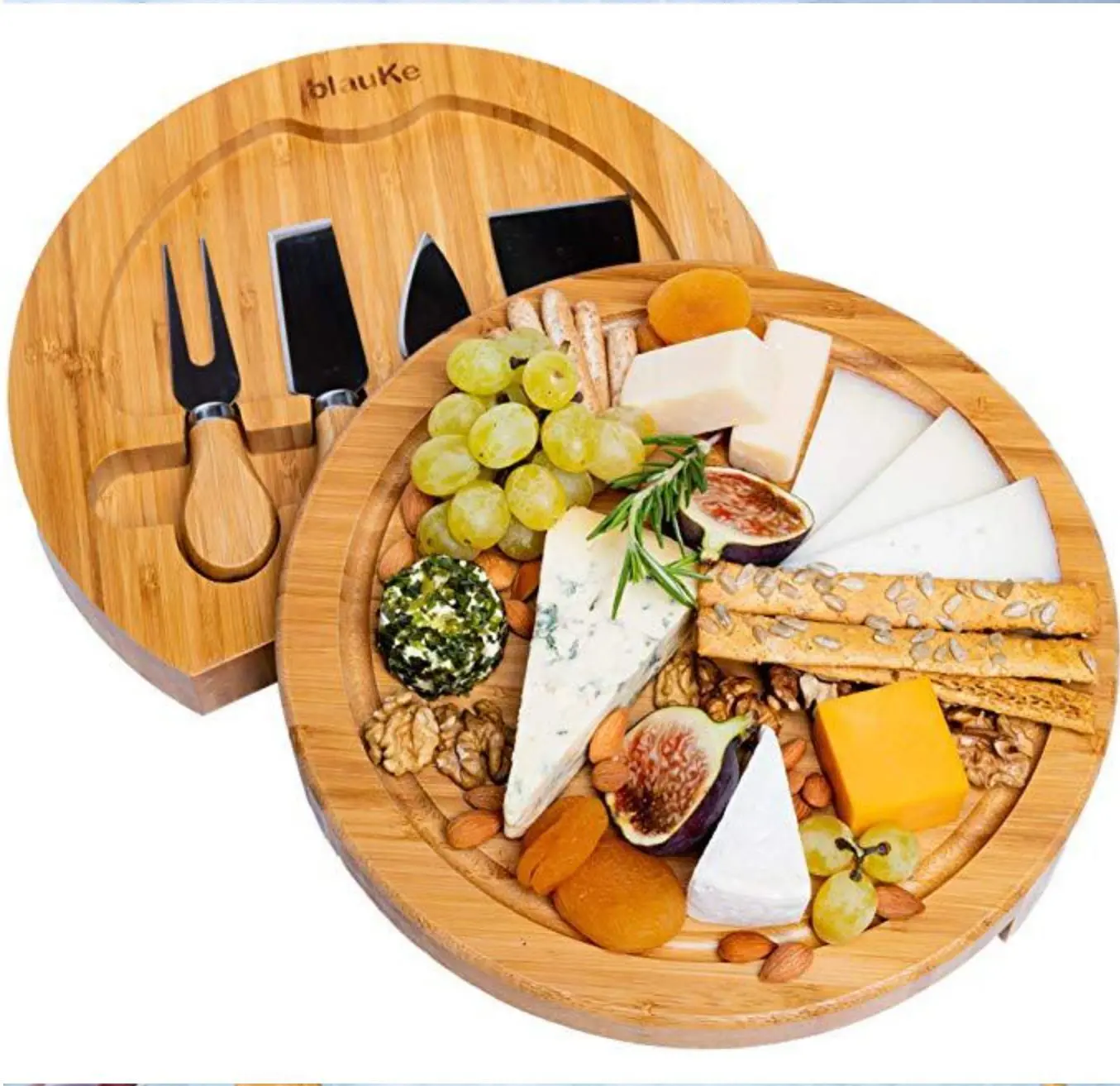 Wholesale Bamboo cheese board and knife set with cutlery set round charcuterie boards