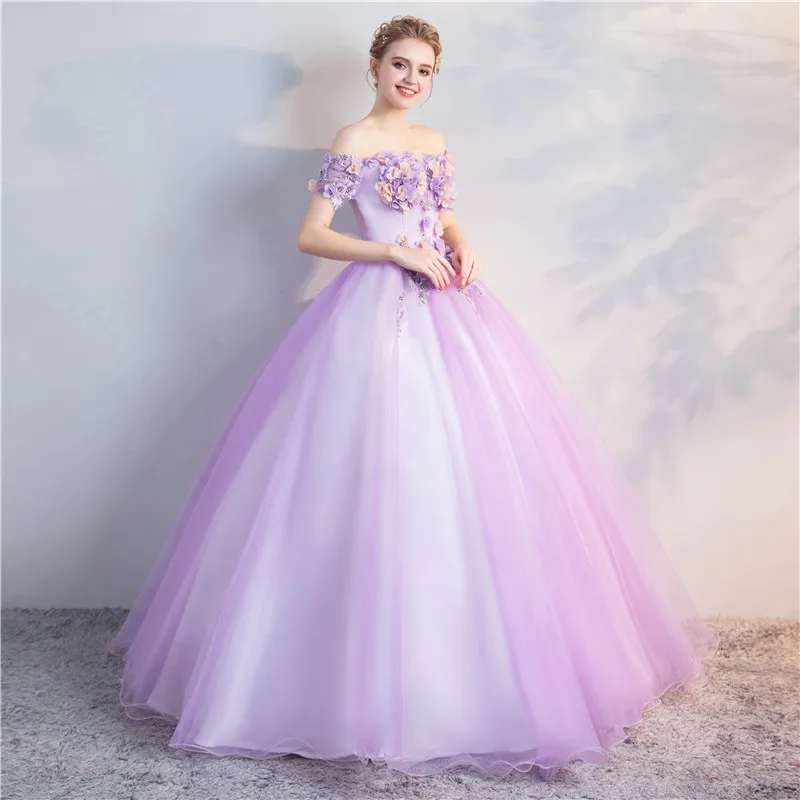 Wholesale Lace Flower Beaded Fashion Purple Tulle Organza Colored Wedding Dresses Women Party Evening Dress