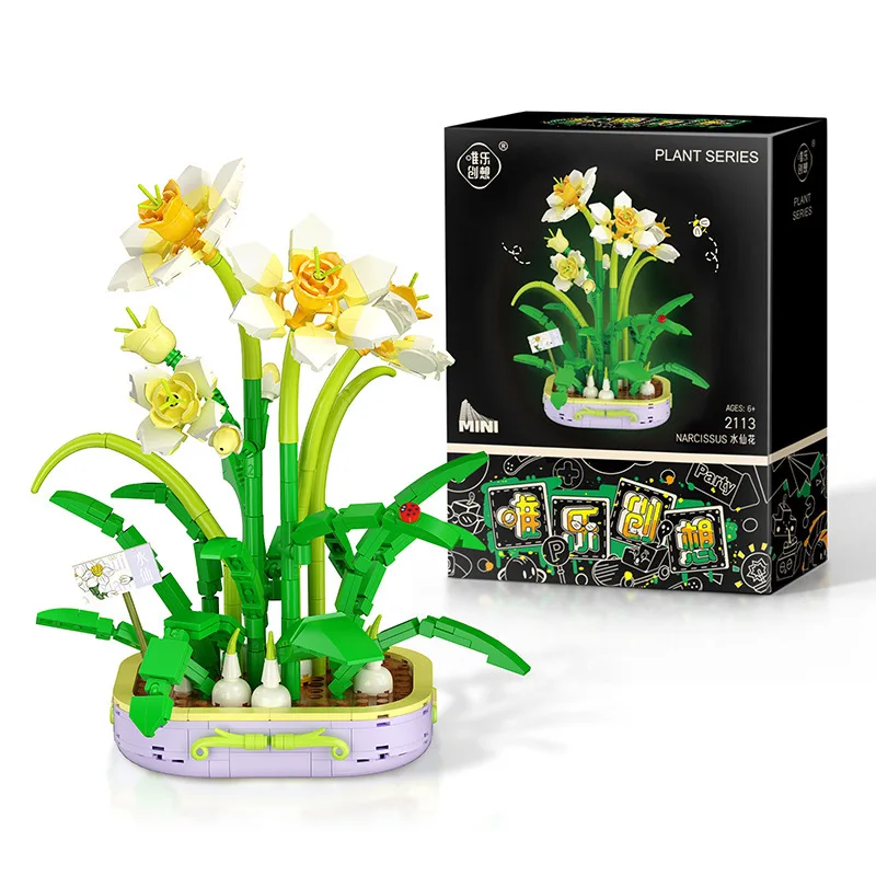 Mini Flower Building Blocks Set Artificial Botanical Narcissus Bonsai Display Model Decor Home Office DIY Nano Bricks Toys Gifts