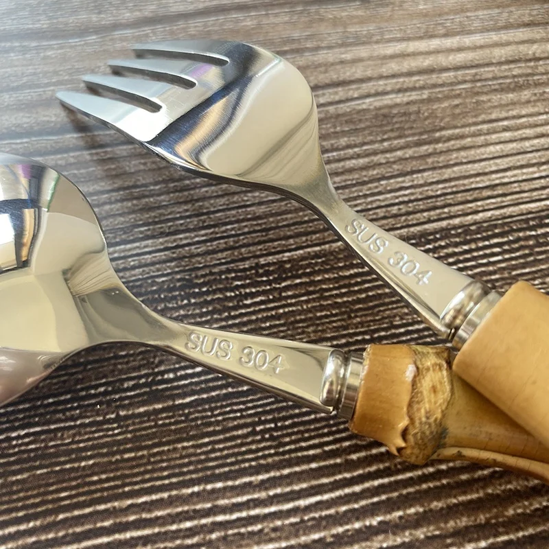 Snyno 100% Natural Bamboo Handle Flatware Set 304 Stainless Steel Spoon Fork Knife Bamboo Handle Cutlery