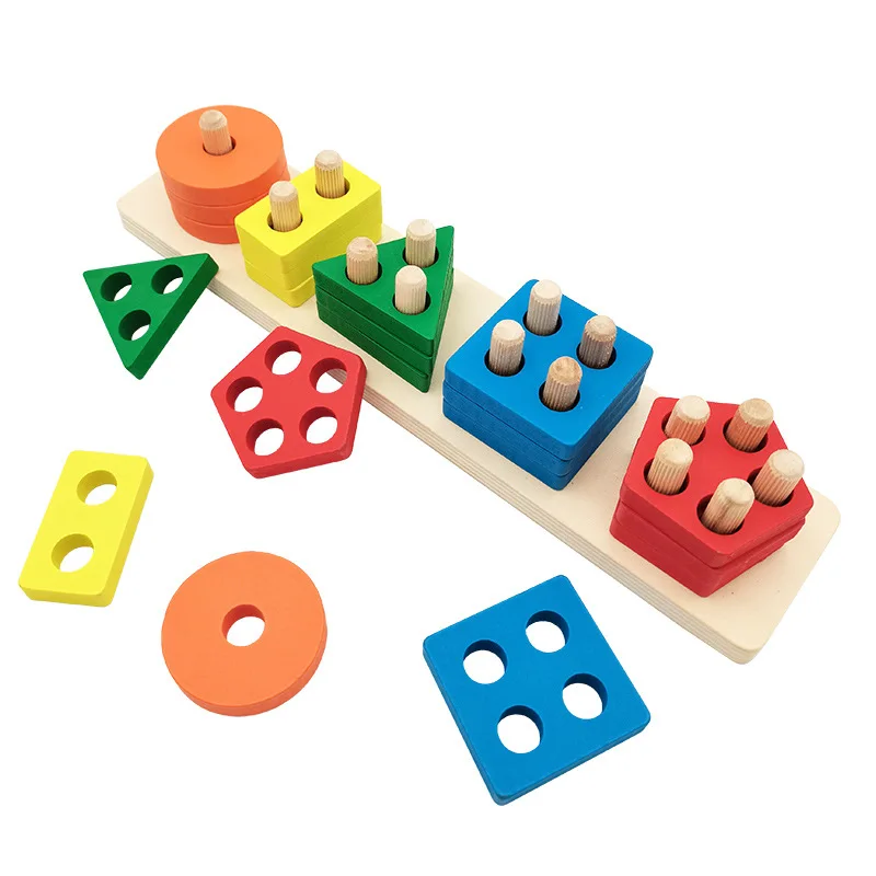 Wooden Montessori Building Blocks Early Educational Toys Graph Geometric Shape Matching Set Of Column Kids Toy Activity Board
