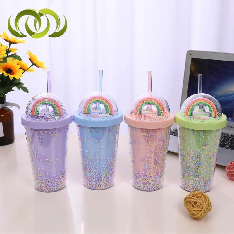 Hot Selling Creative Exquisite Rainbow Smooth Drink Reusable Double Layer Plastic Tumbler With Straw