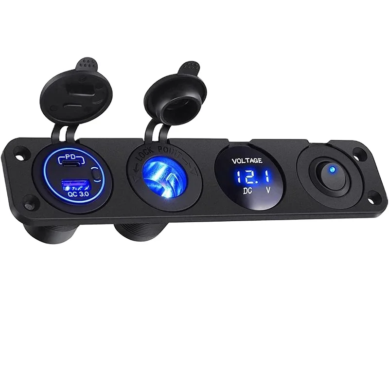 USB C Socket 12 V QC3.0 USB PD Type C Car Charger Cigarette Lighter Socket LED Voltmeter and On/Off Switch Panel for Car Boat Mo