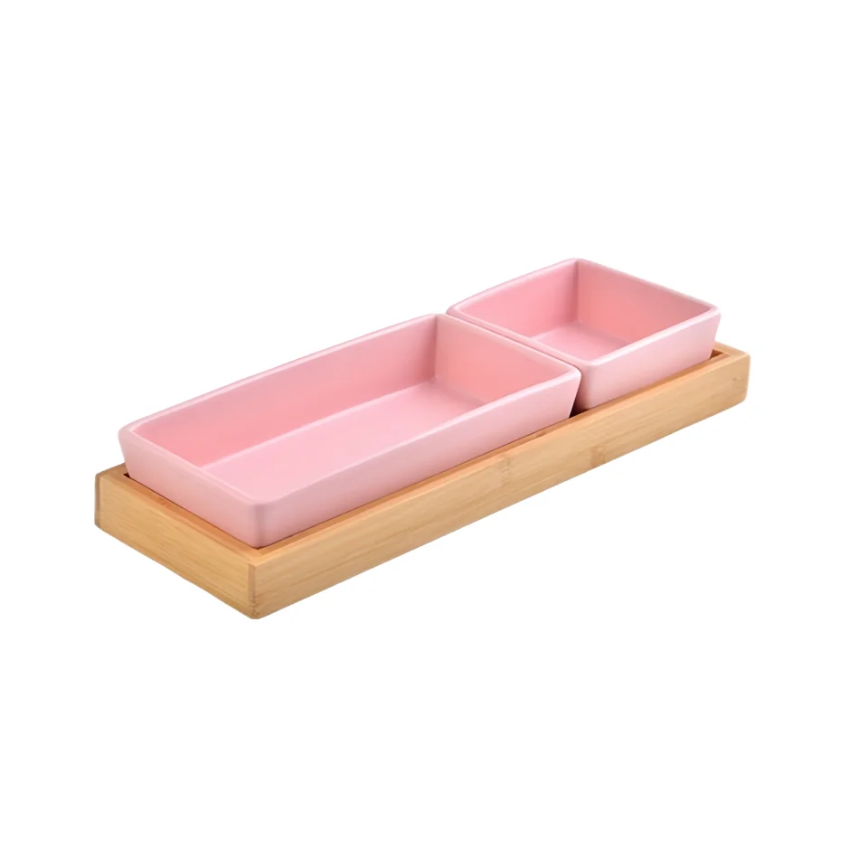 Japandi Light Luxury 2pcs Ceramic Fruit Nut Snack Plates Creative Serving Table Decoration Dessert Tray Set With Bamboo Holder