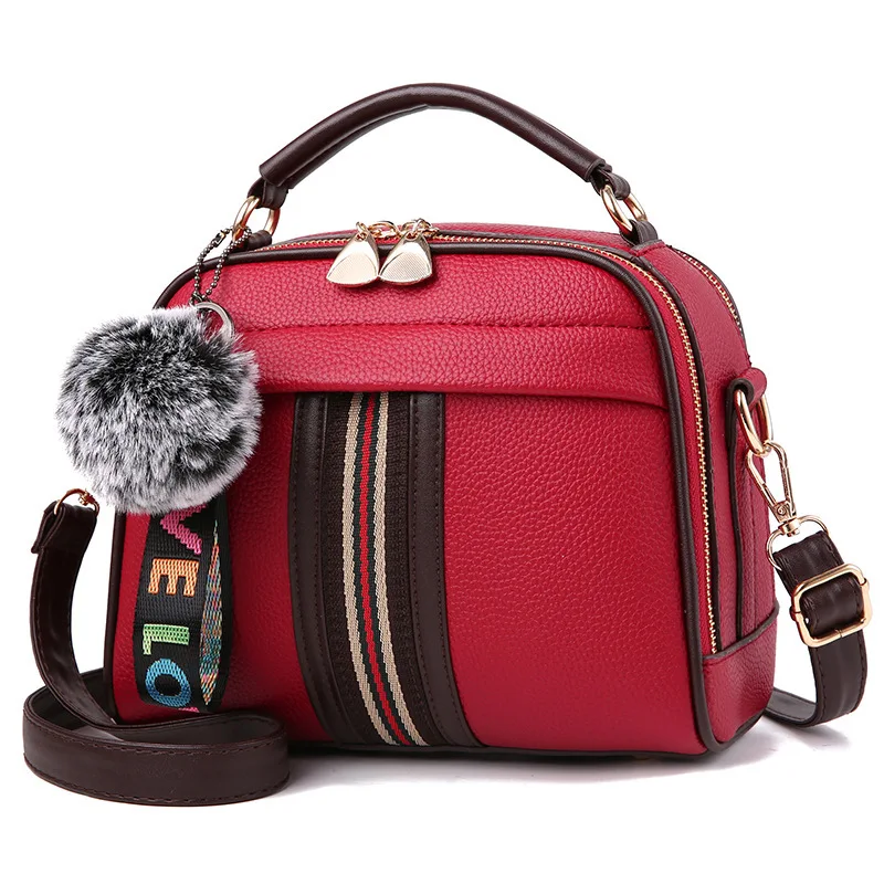 YIMYIK Factory Litchi Pattern Messenger Bag Splicing Stripe PU Women Handbag with Pompom