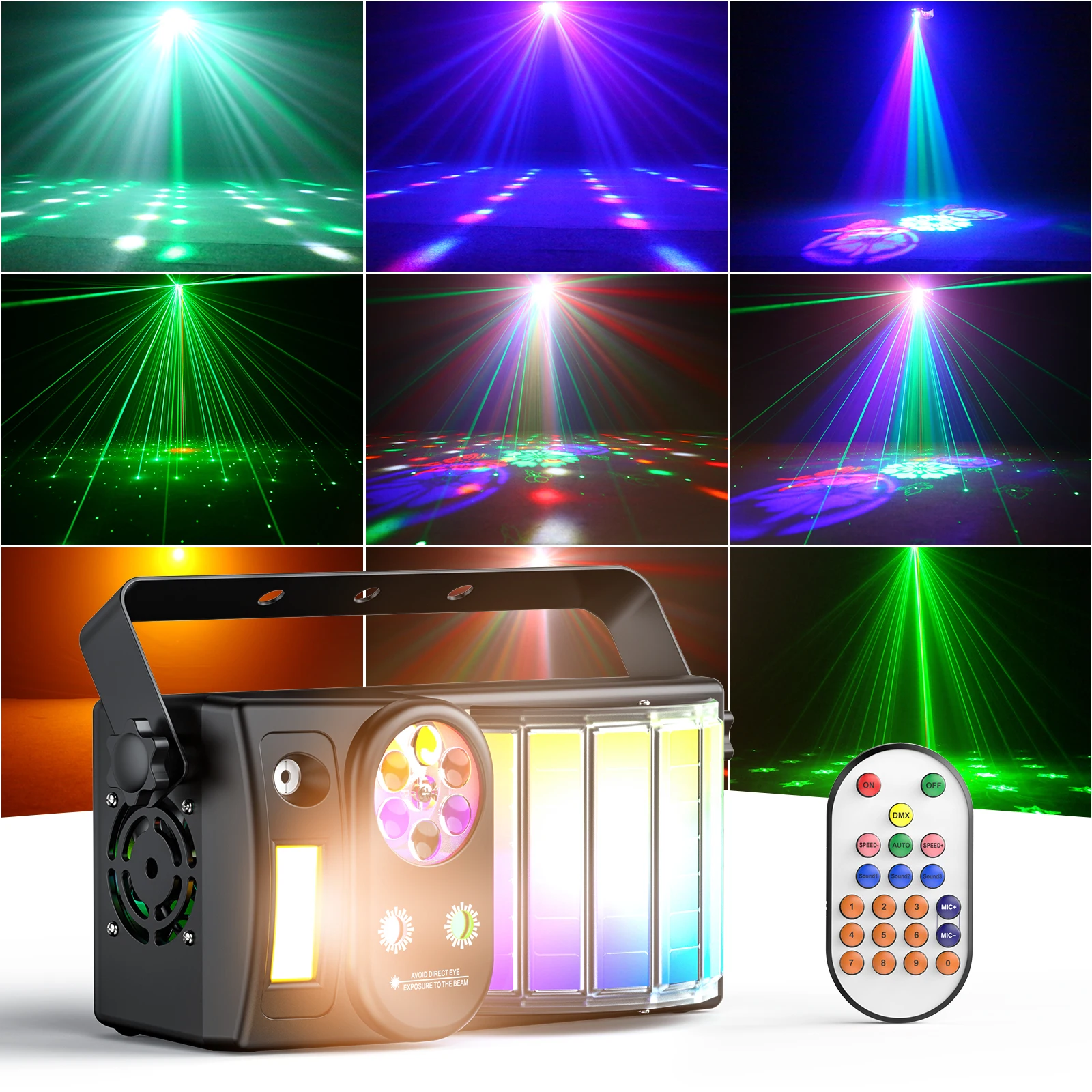 LED RGB Bee Eye 5-in-1 Effect Strobe Stage Light With Remote Controls For Disco DJ Party Red Green Laser Lights